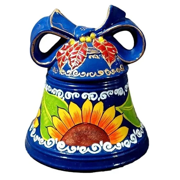 Cobalt Blue Mexican Talavera Sunflowe Bell Pottery Kitchen Canister Cookie Jar - Picture 1 of 8